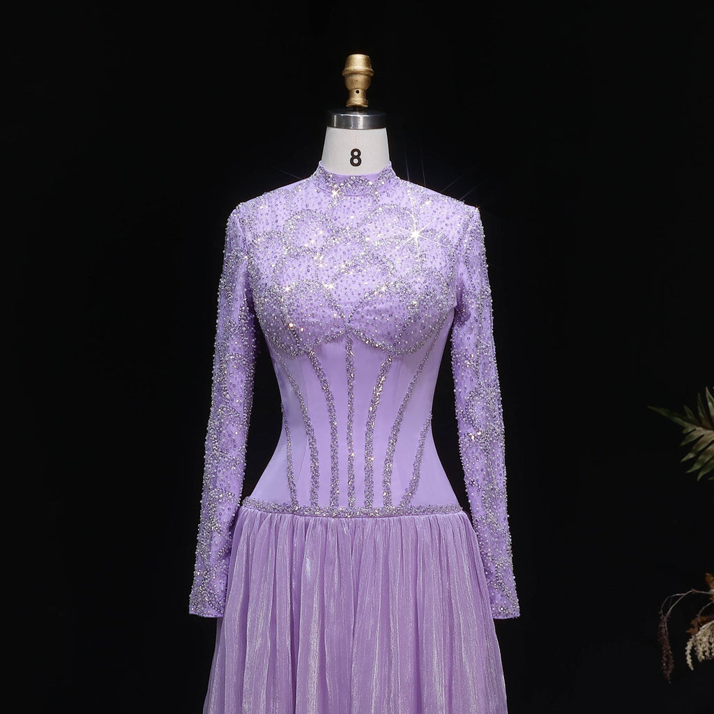 Luxury Lilac High Neck Beaded Long Sleeve Corset Evening Dress SS786