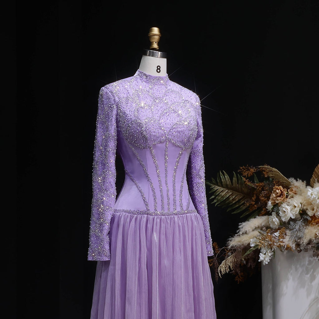 Luxury Lilac High Neck Beaded Long Sleeve Corset Evening Dress SS786