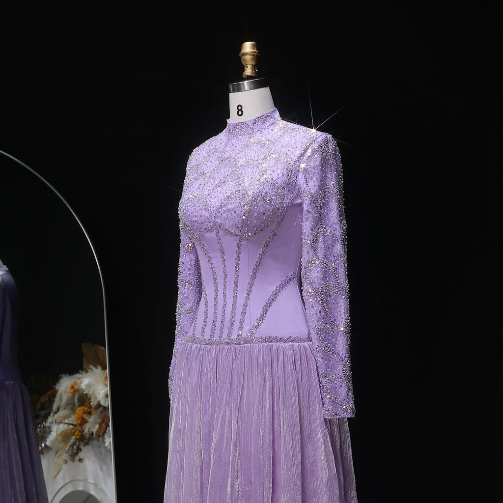 Luxury Lilac High Neck Beaded Long Sleeve Corset Evening Dress SS786