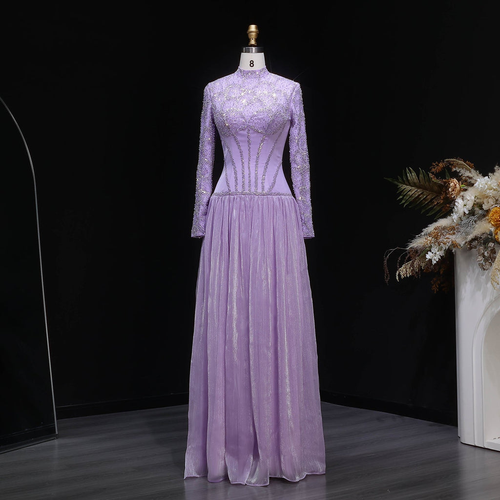Luxury Lilac High Neck Beaded Long Sleeve Corset Evening Dress SS786