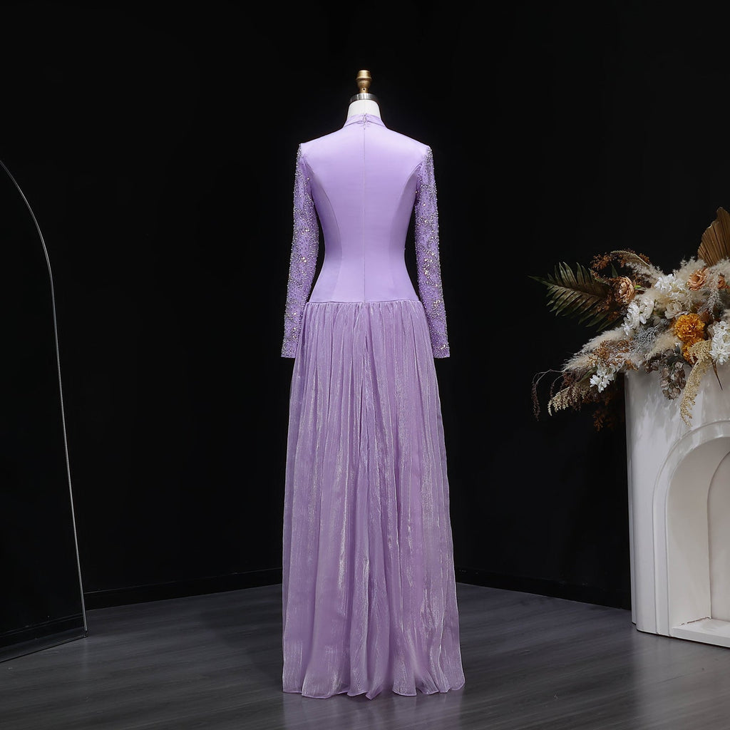 Luxury Lilac High Neck Beaded Long Sleeve Corset Evening Dress SS786