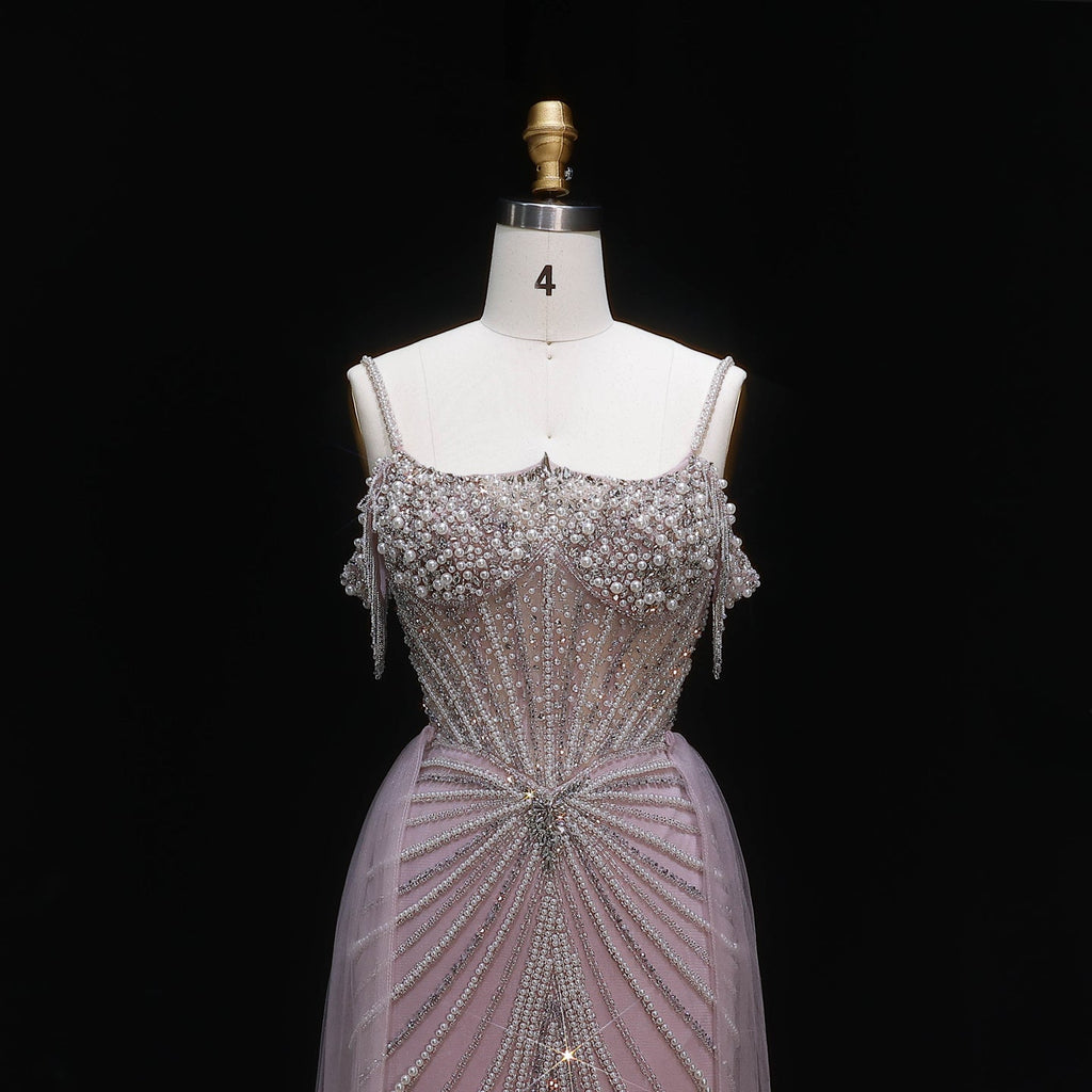 Elegant Green Spaghetti Strap Beaded Evening Dress with Overskirt SS121
