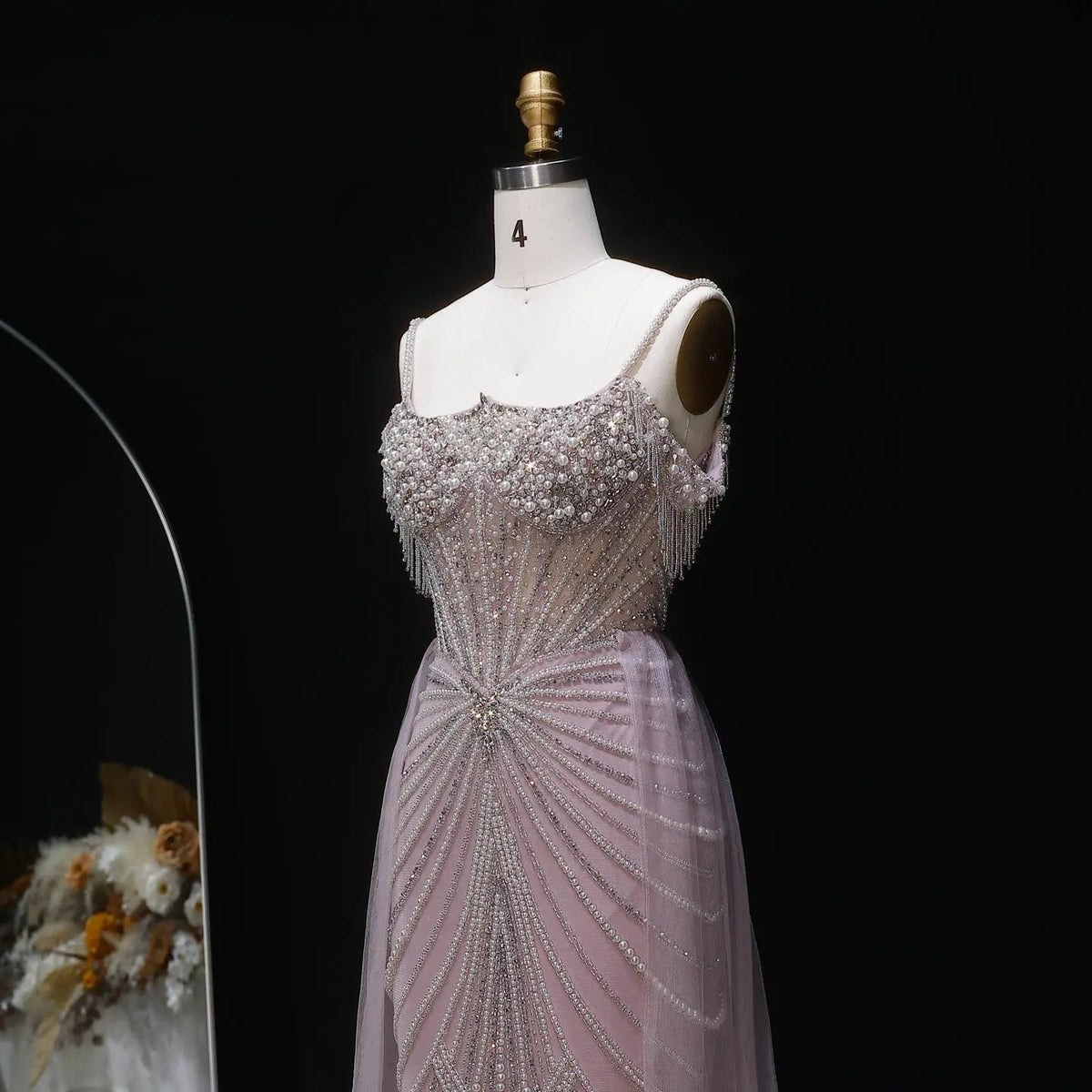 Luxury Green Spaghetti Strap Beaded Evening Dress with Overskirt SS121