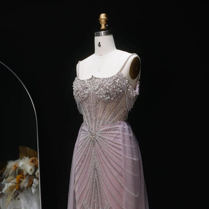 Luxury Green Spaghetti Strap Beaded Evening Dress with Overskirt SS121