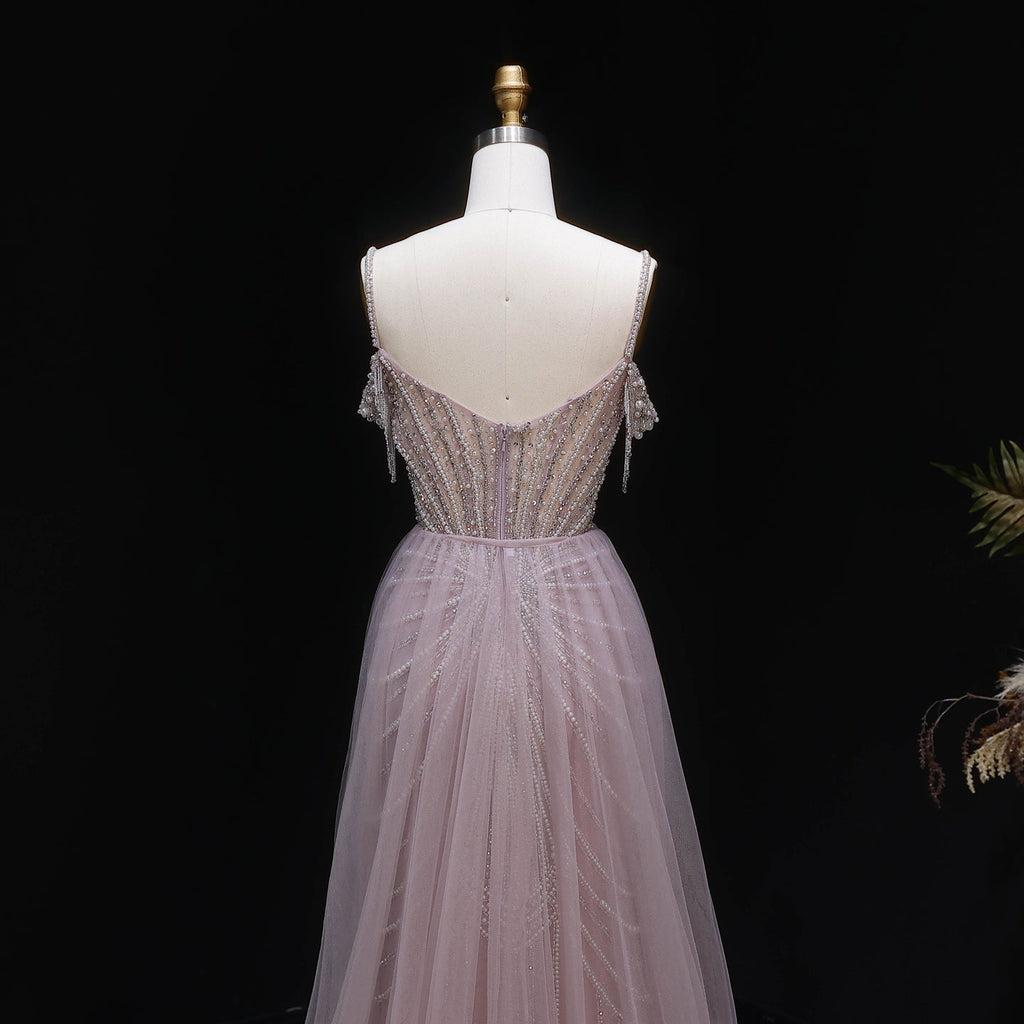 Elegant Green Spaghetti Strap Beaded Evening Dress with Overskirt SS121