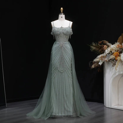 Luxury Green Spaghetti Strap Beaded Evening Dress with Overskirt SS121