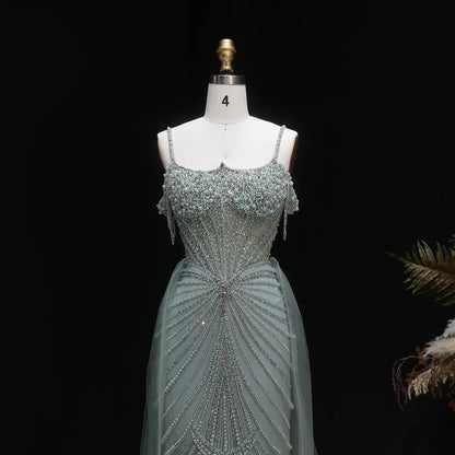 Luxury Green Spaghetti Strap Beaded Evening Dress with Overskirt SS121