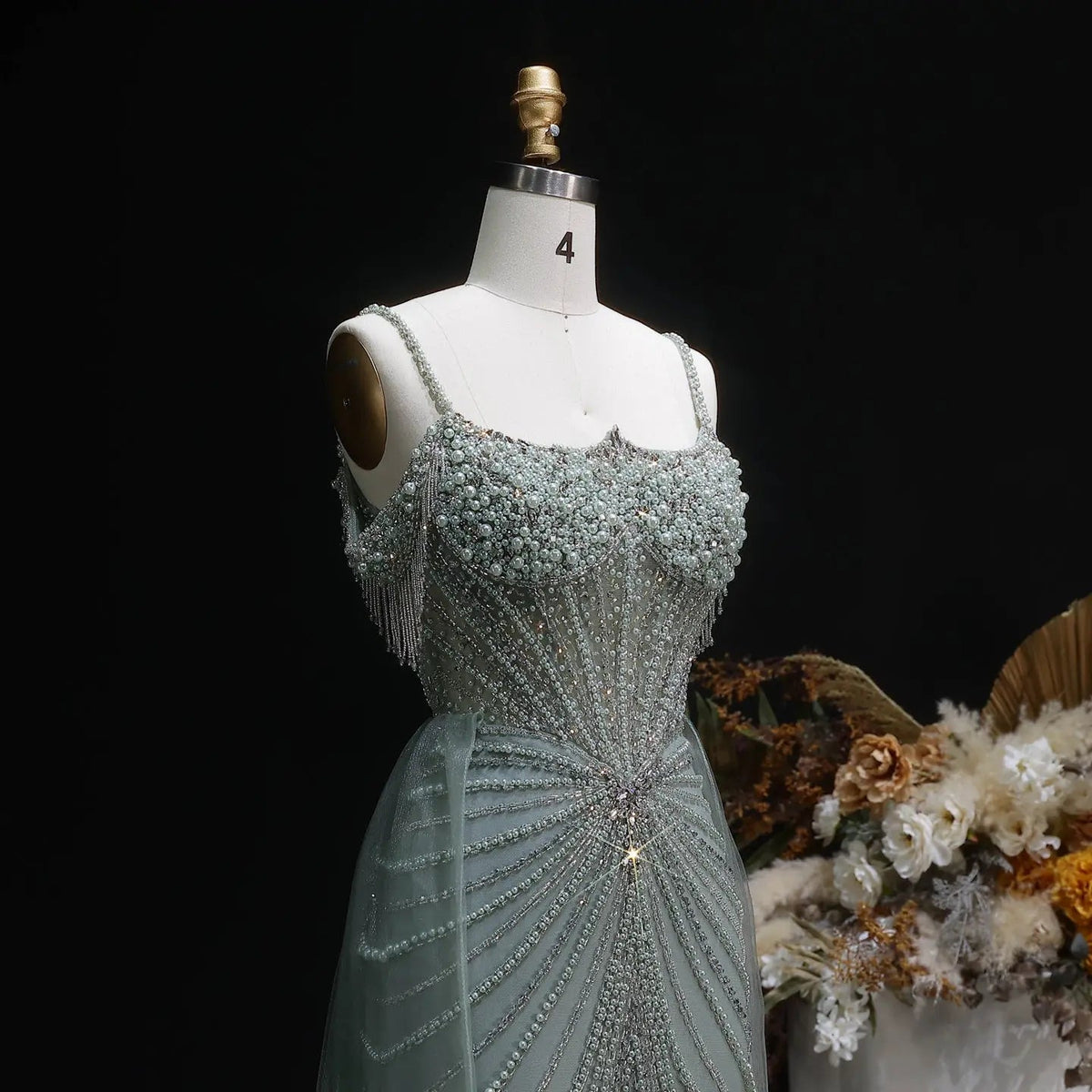 Luxury Green Spaghetti Strap Beaded Evening Dress with Overskirt SS121
