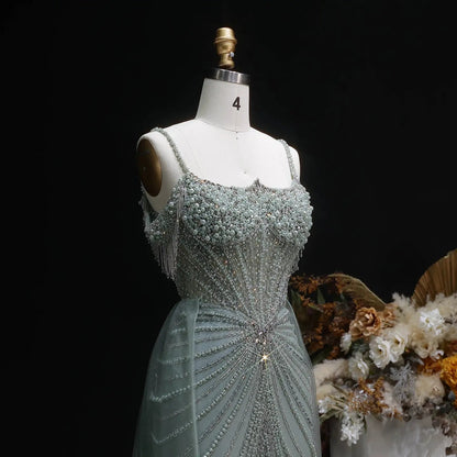 Luxury Green Spaghetti Strap Beaded Evening Dress with Overskirt SS121