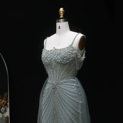 Luxury Green Spaghetti Strap Beaded Evening Dress with Overskirt SS121