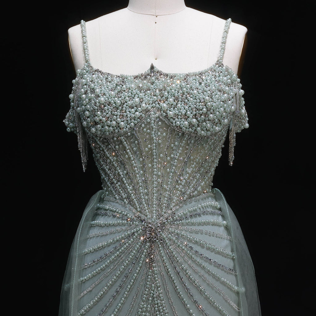 Elegant Green Spaghetti Strap Beaded Evening Dress with Overskirt SS121
