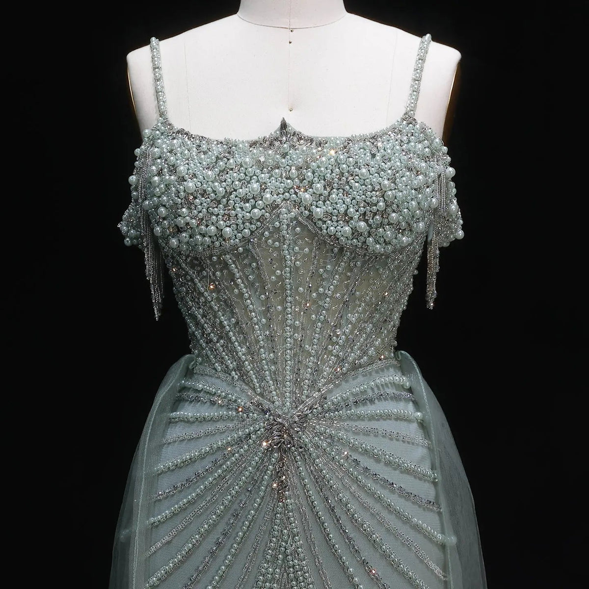 Luxury Green Spaghetti Strap Beaded Evening Dress with Overskirt SS121