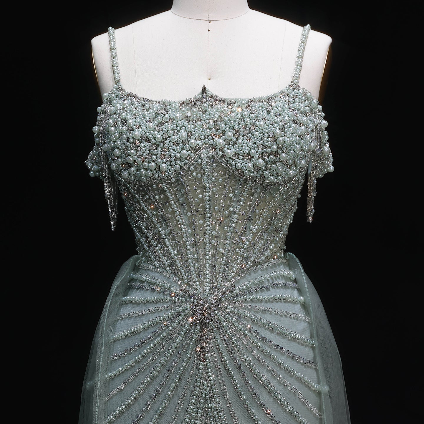 Elegant Green Spaghetti Strap Beaded Evening Dress with Overskirt SS121