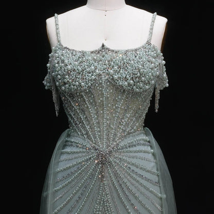 Luxury Green Spaghetti Strap Beaded Evening Dress with Overskirt SS121