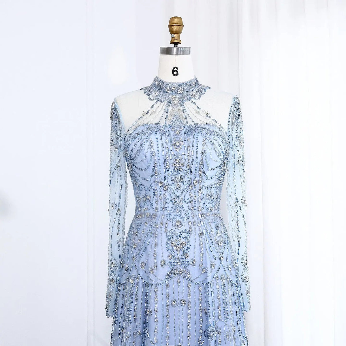 Luxury Blue Long Sleeves High Neck Evening Dress SS587