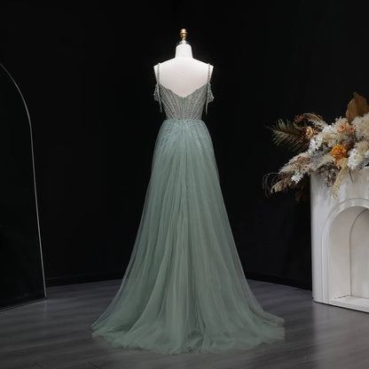 Luxury Green Spaghetti Strap Beaded Evening Dress with Overskirt SS121