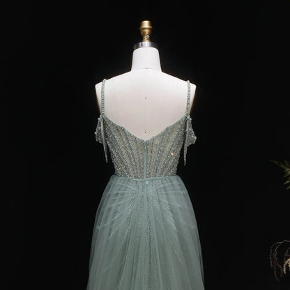 Luxury Green Spaghetti Strap Beaded Evening Dress with Overskirt SS121