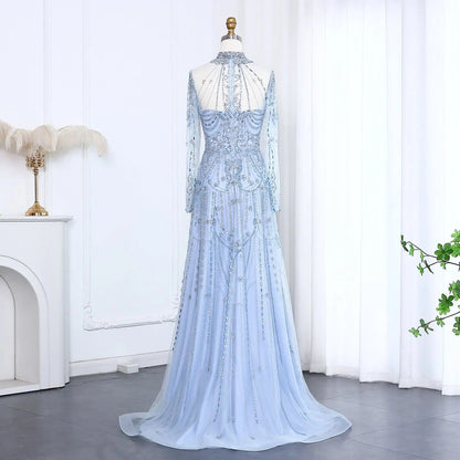 Luxury Blue Long Sleeves High Neck Evening Dress SS587