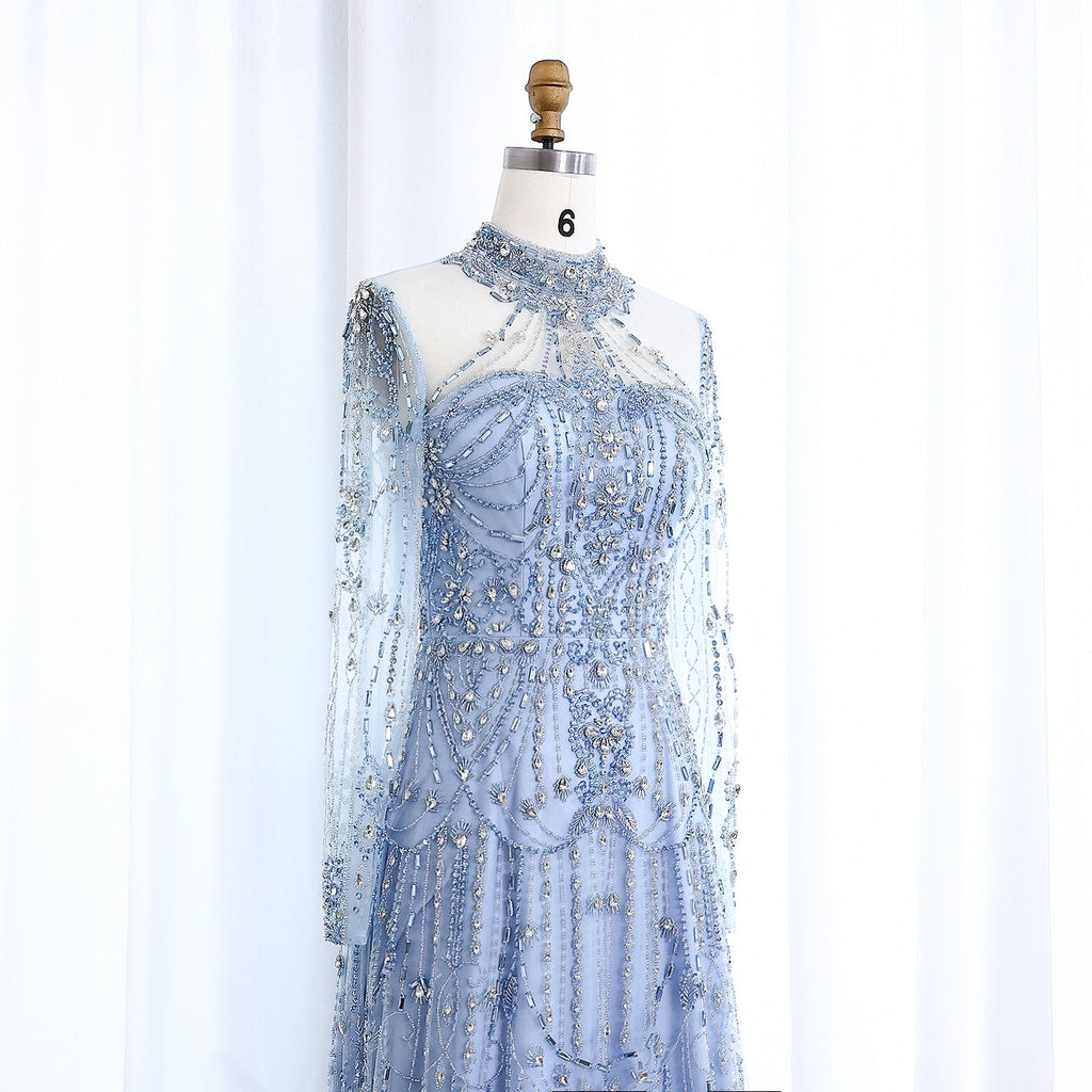 Luxury Blue Long Sleeves High Neck Evening Dress SS587
