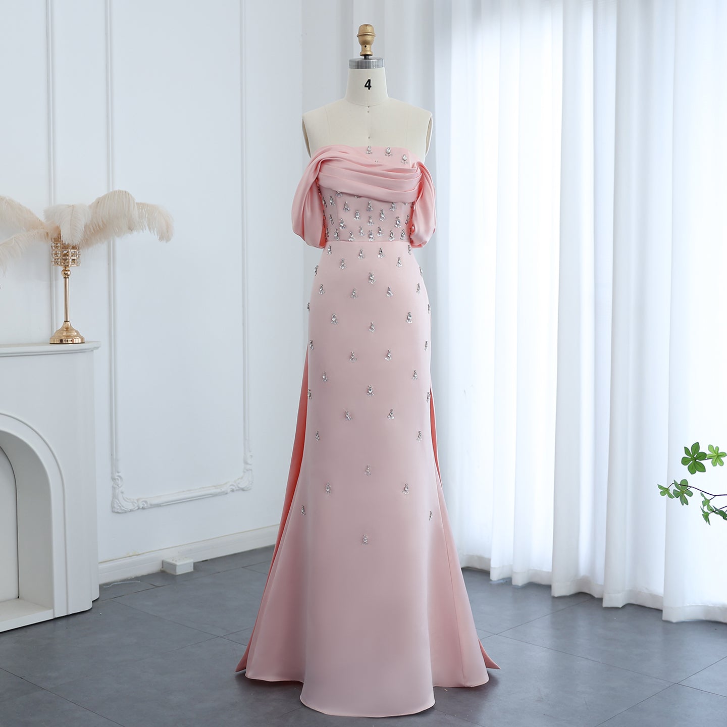 Luxury Crystal Pink Off Shoulder Satin Evening Dress SS500