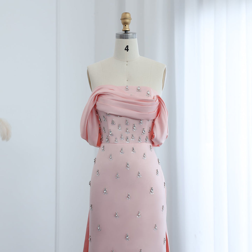 Luxury Crystal Pink Off Shoulder Satin Evening Dress SS500