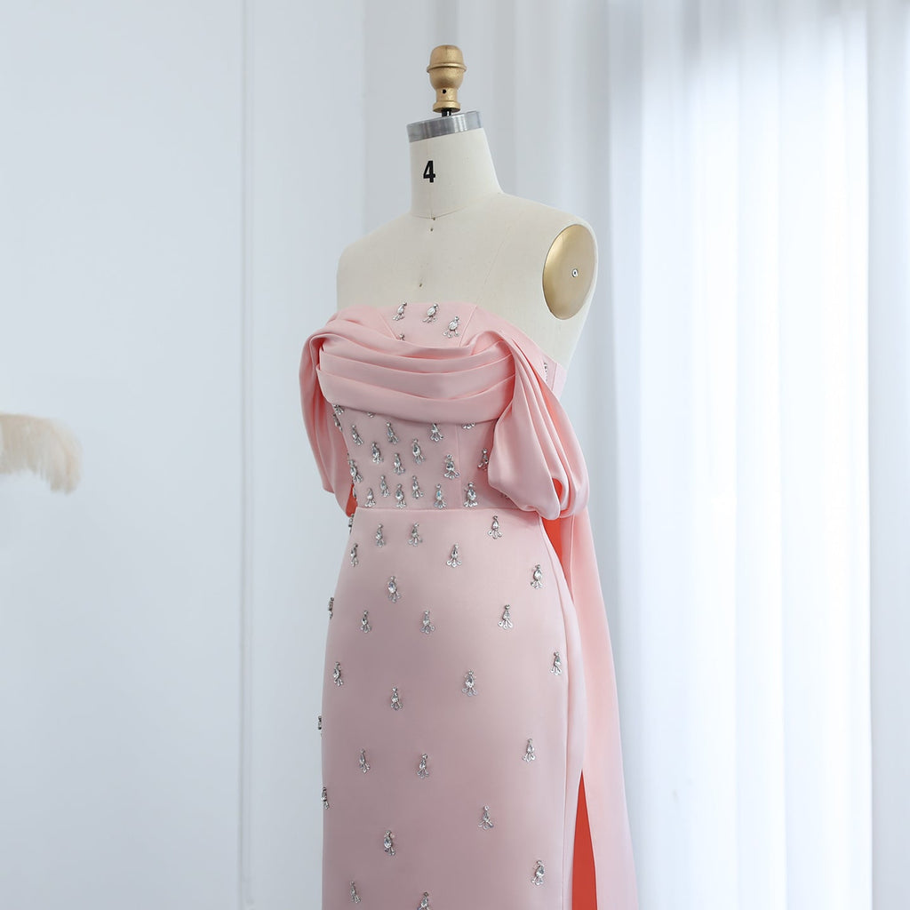 Luxury Crystal Pink Off Shoulder Satin Evening Dress SS500