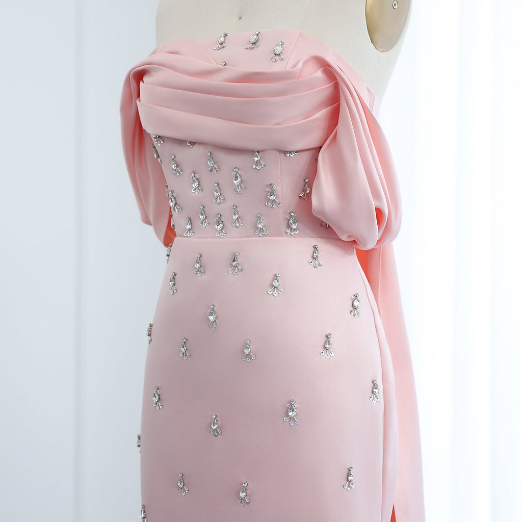 Luxury Crystal Pink Off Shoulder Satin Evening Dress SS500