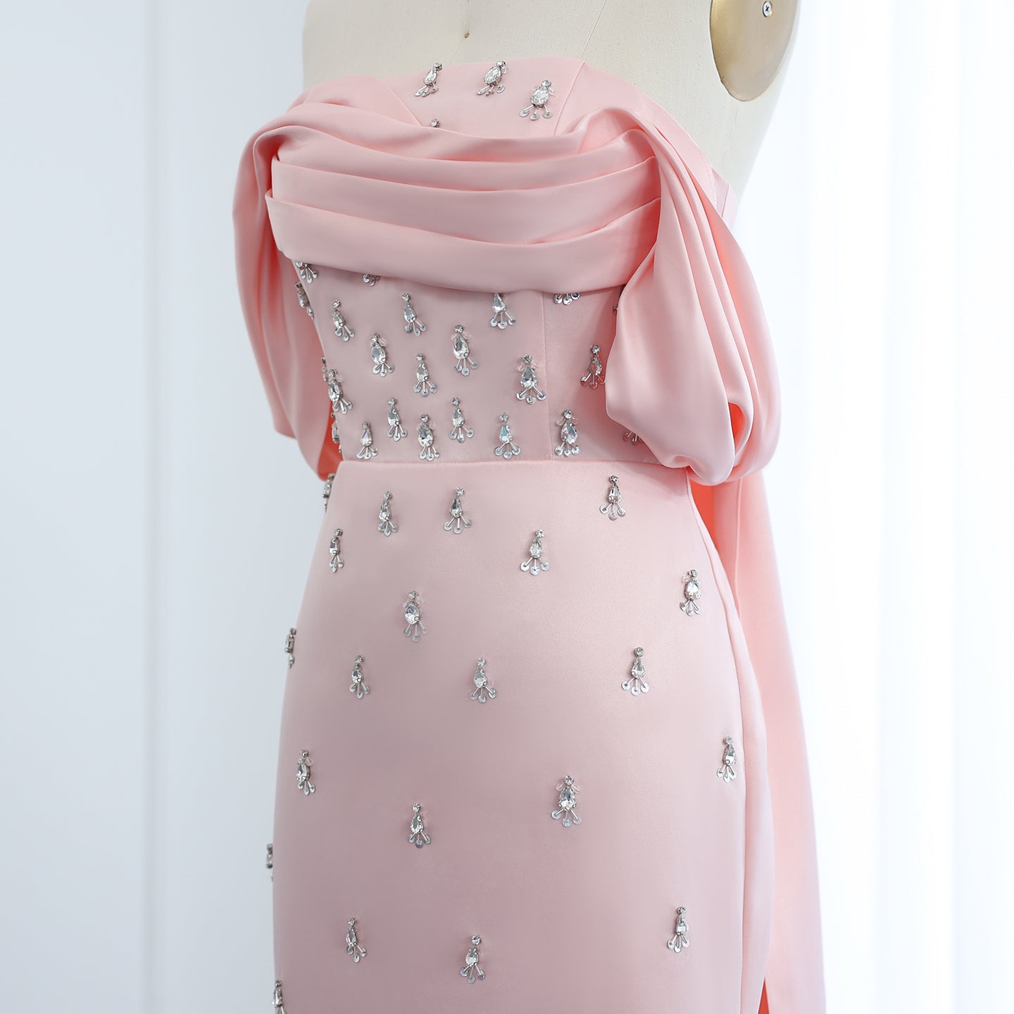 Luxury Crystal Pink Off Shoulder Satin Evening Dress SS500