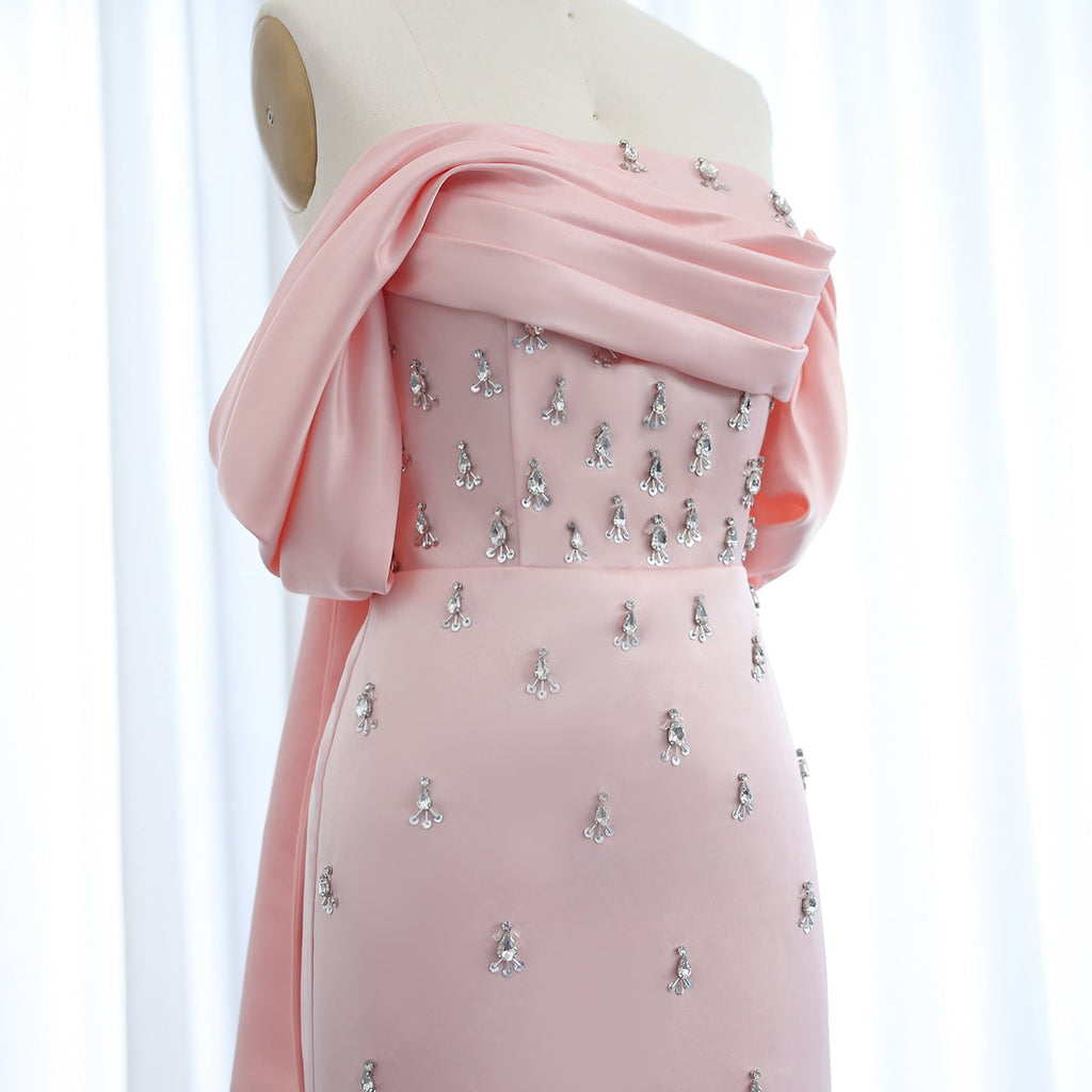 Luxury Crystal Pink Off Shoulder Satin Evening Dress SS500