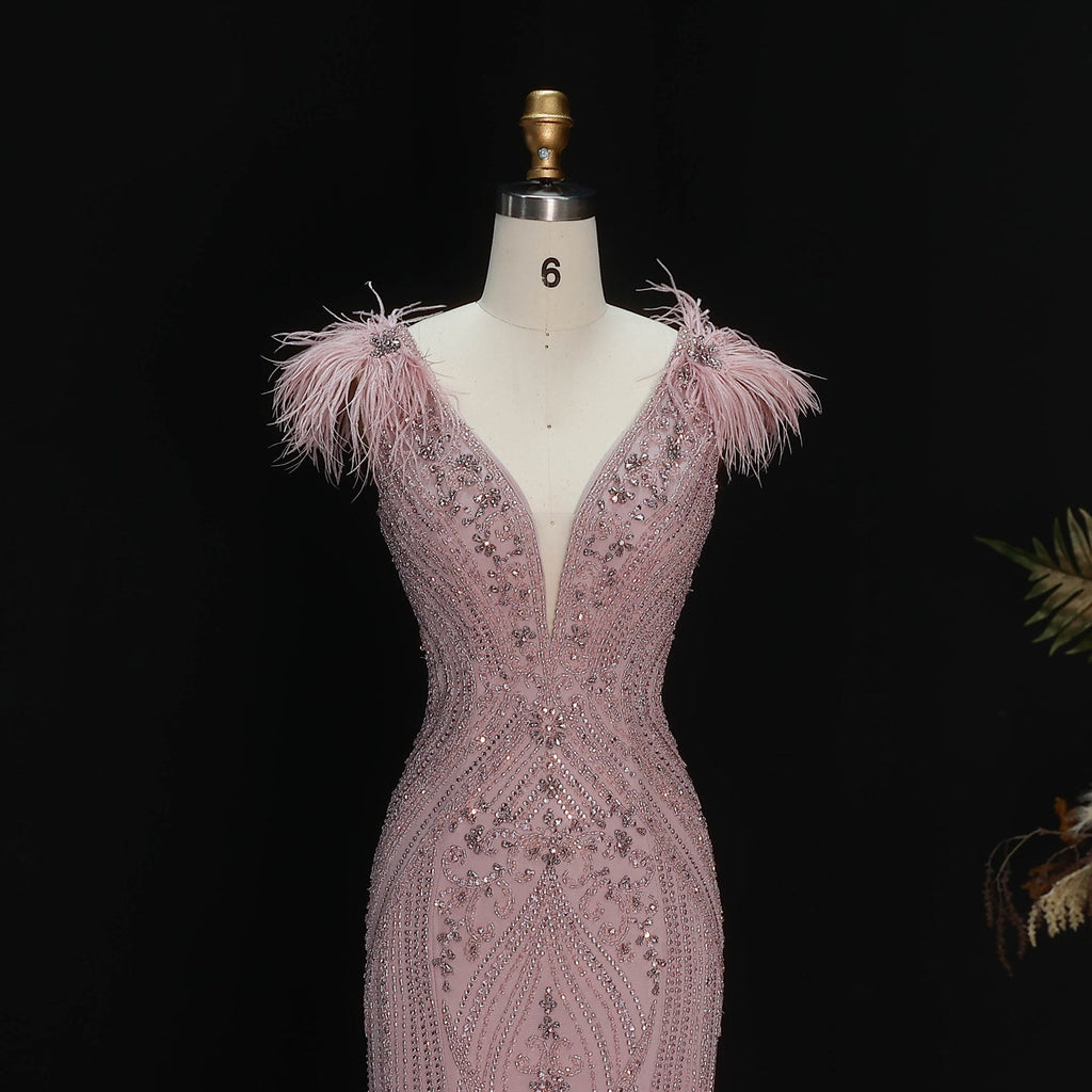 Luxury Pink V-Neck Feather Trim Beaded Mermaid Evening Dress SS122