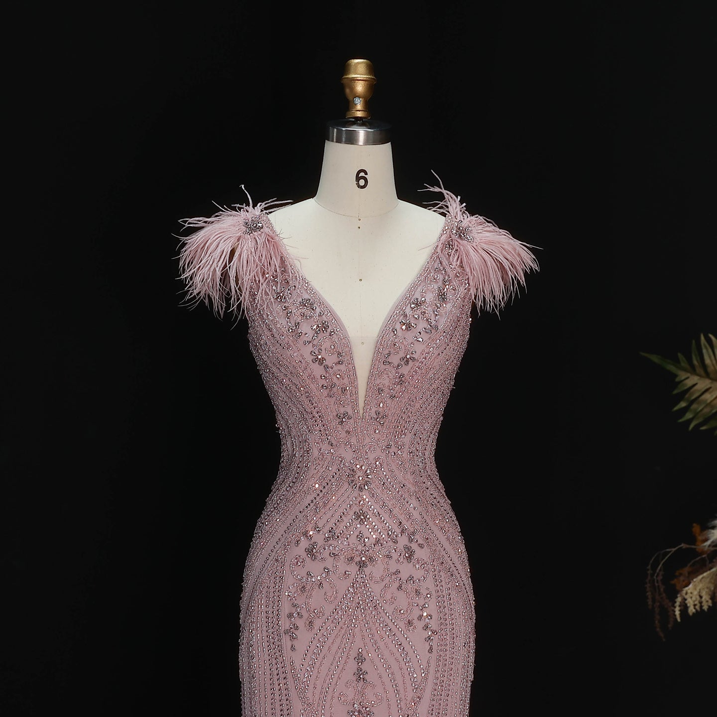 Luxury Pink V-Neck Feather Trim Beaded Mermaid Evening Dress SS122