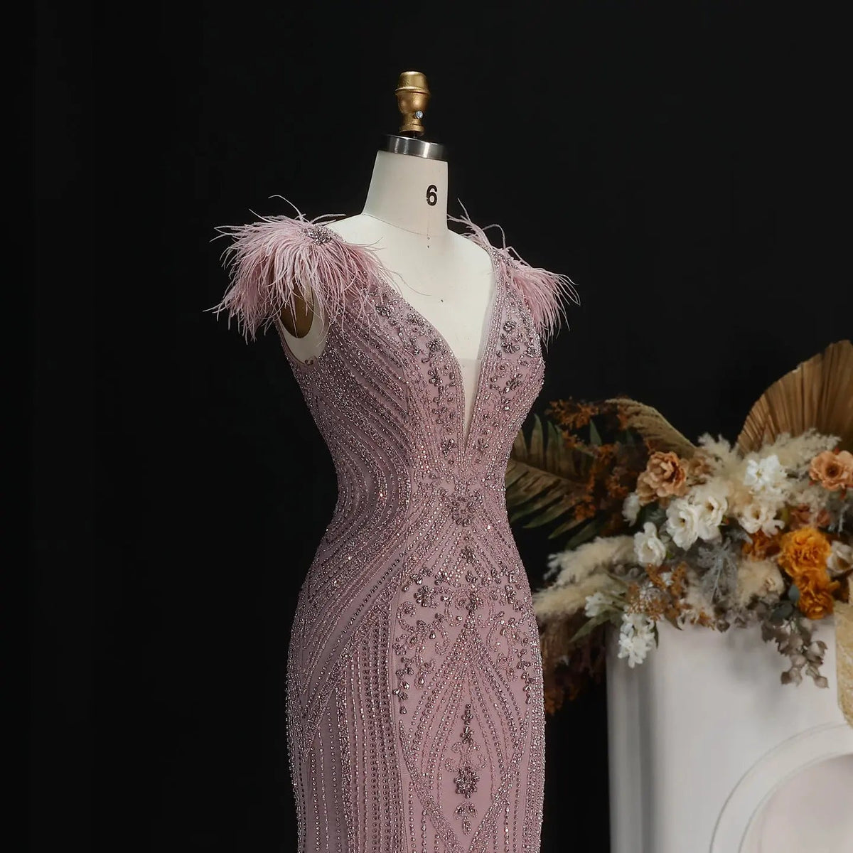 Dreamy Pink V-Neck Feather Trim Beaded Mermaid Evening Dress SS122