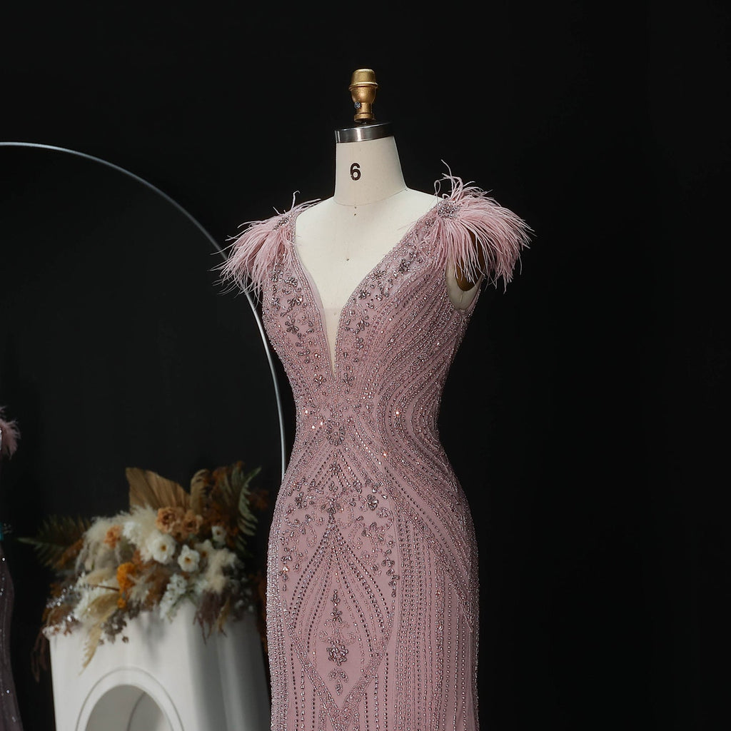 Luxury Pink V-Neck Feather Trim Beaded Mermaid Evening Dress SS122