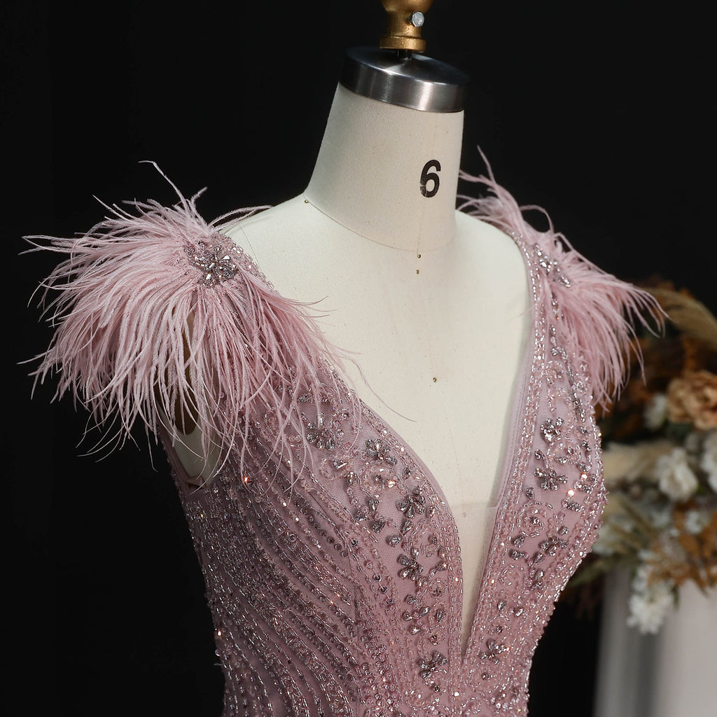 Luxury Pink V-Neck Feather Trim Beaded Mermaid Evening Dress SS122