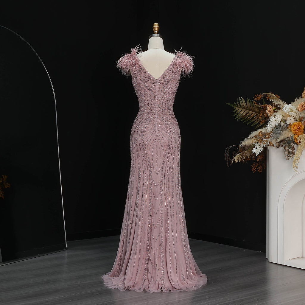 Luxury Pink V-Neck Feather Trim Beaded Mermaid Evening Dress SS122