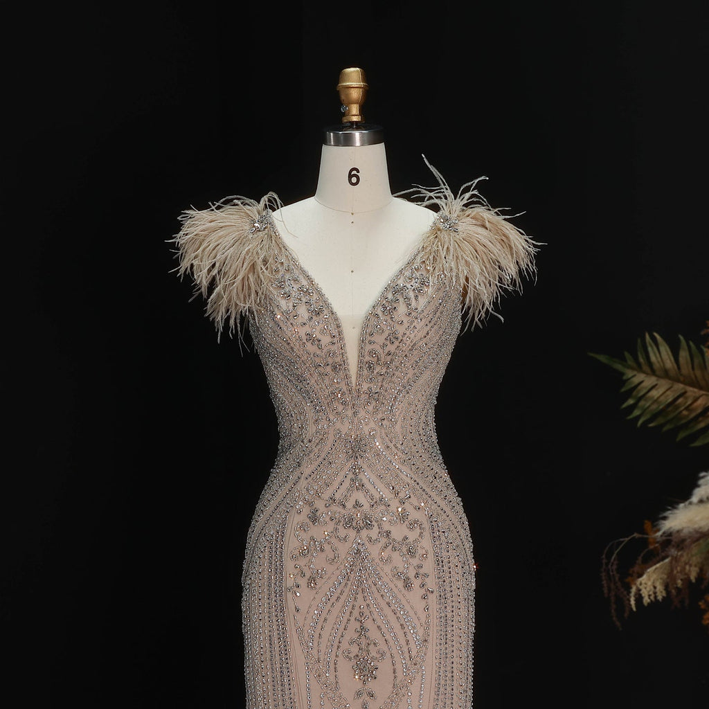 Luxury Pink V-Neck Feather Trim Beaded Mermaid Evening Dress SS122