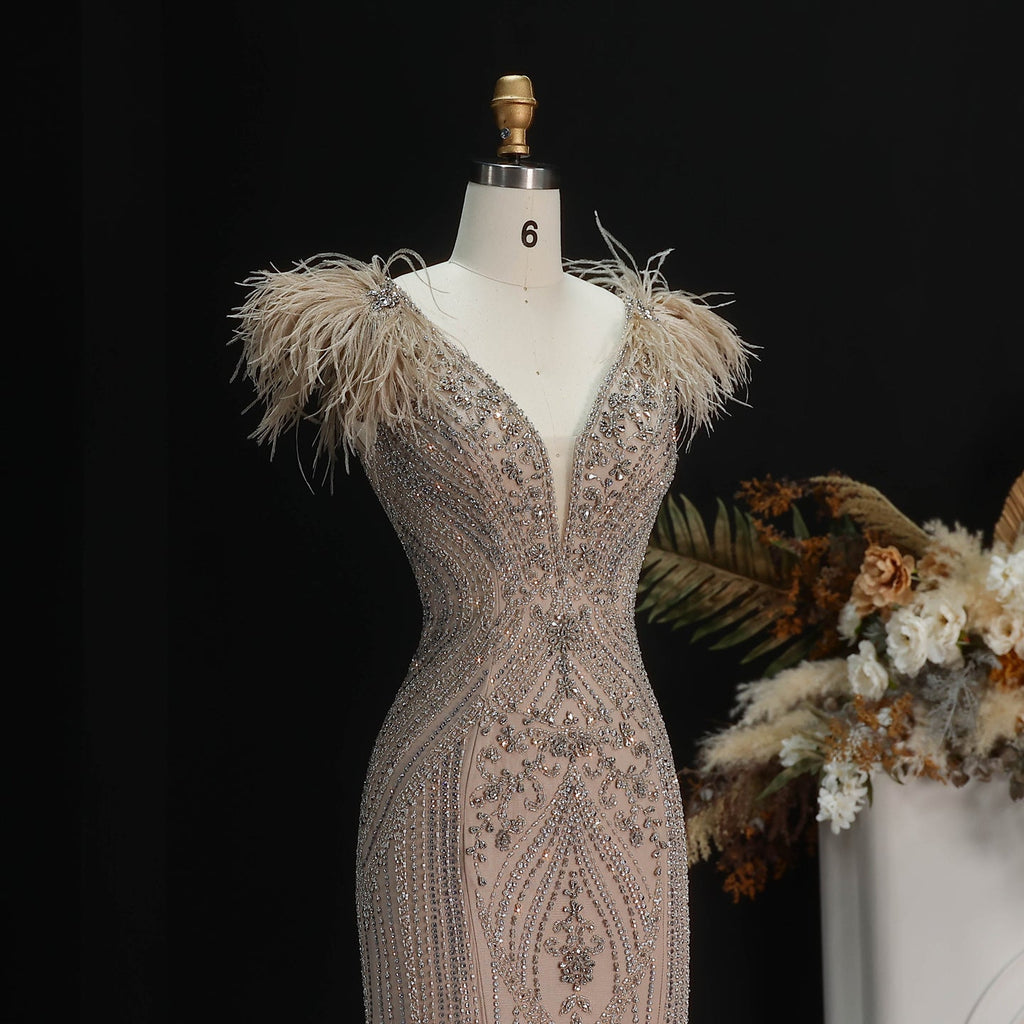 Luxury Pink V-Neck Feather Trim Beaded Mermaid Evening Dress SS122