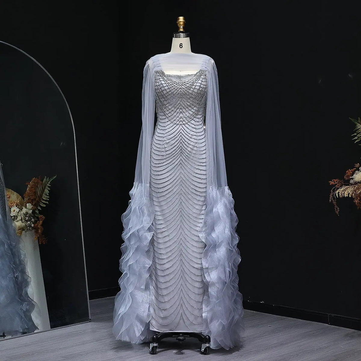 Luxury Beading Purple Evening Dress with Cape Sleeves SS280