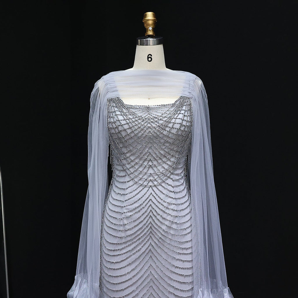 Luxury Beading Purple Evening Dress with Cape Sleeves SS280