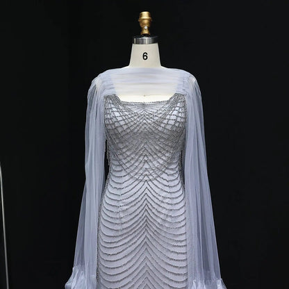 Luxury Beading Purple Evening Dress with Cape Sleeves SS280