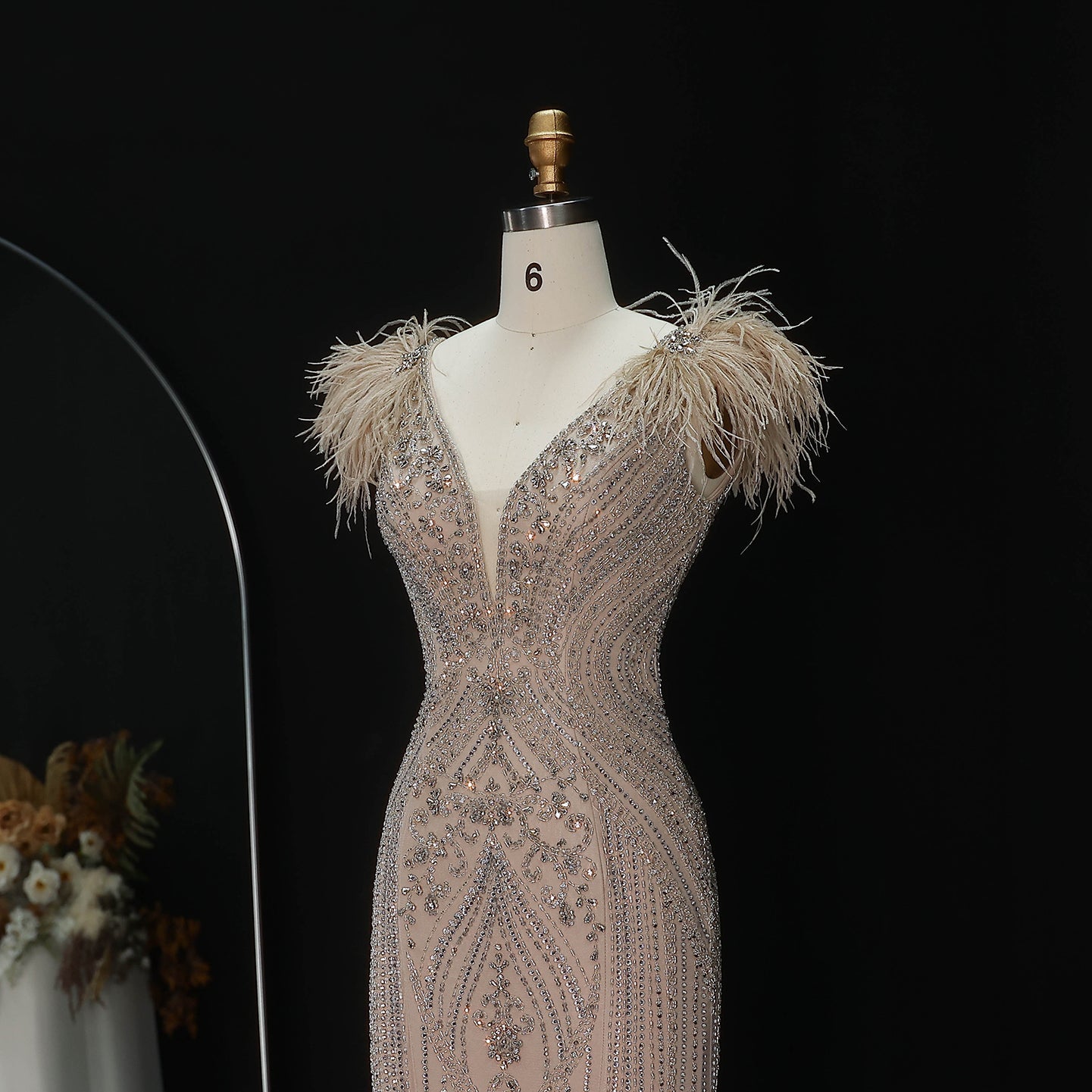 Luxury Pink V-Neck Feather Trim Beaded Mermaid Evening Dress SS122