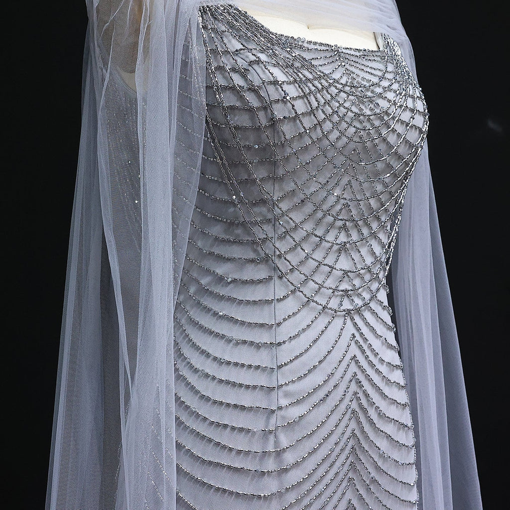 Luxury Beading Purple Evening Dress with Cape Sleeves SS280
