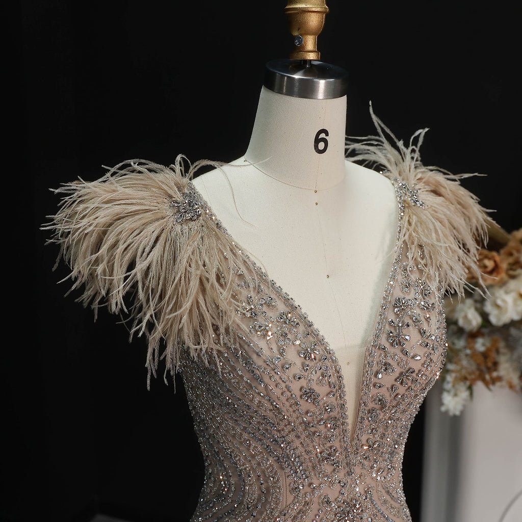 Luxury Pink V-Neck Feather Trim Beaded Mermaid Evening Dress SS122
