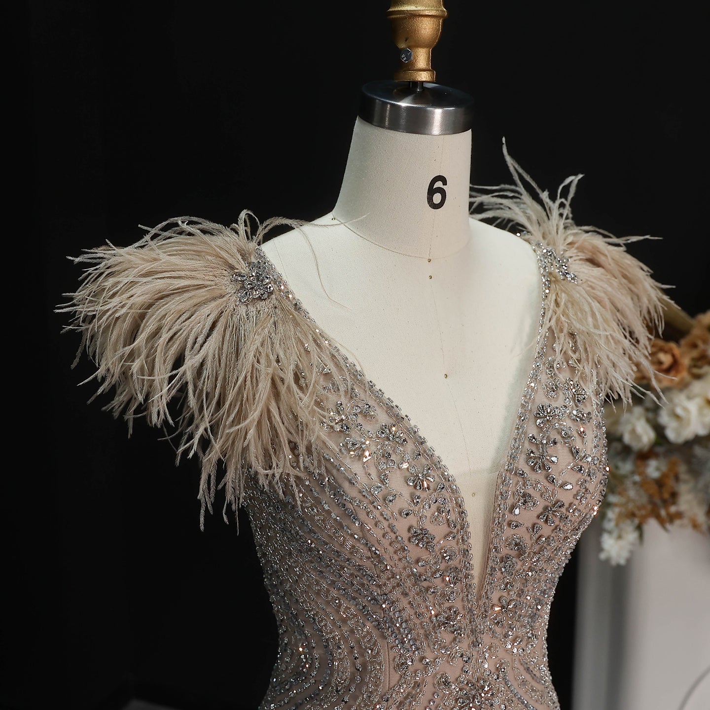 Luxury Pink V-Neck Feather Trim Beaded Mermaid Evening Dress SS122