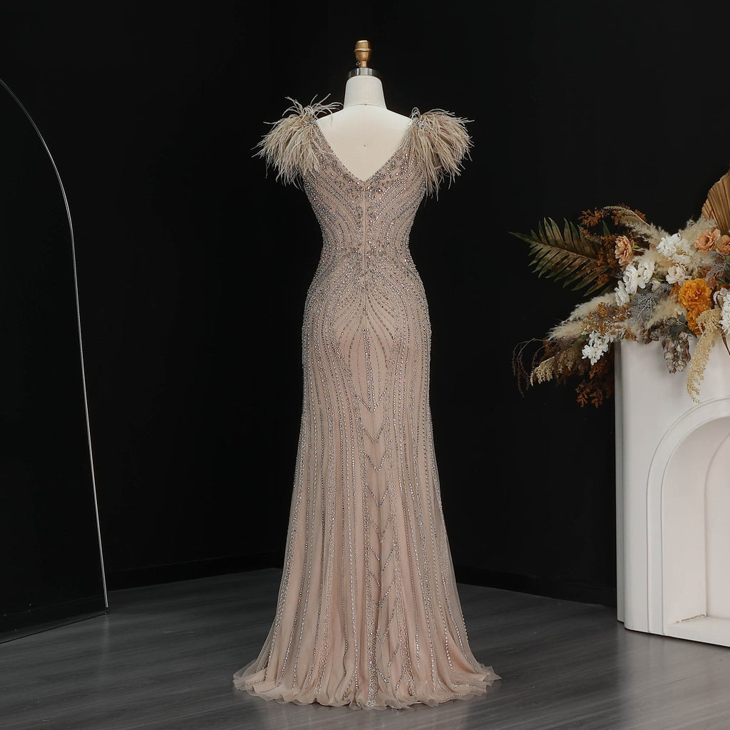 Luxury Pink V-Neck Feather Trim Beaded Mermaid Evening Dress SS122