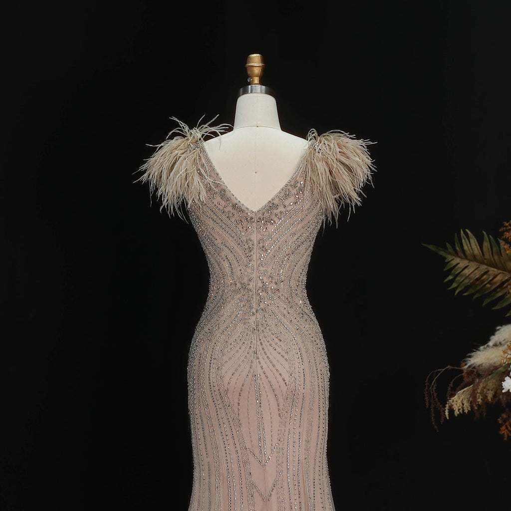 Luxury Pink V-Neck Feather Trim Beaded Mermaid Evening Dress SS122