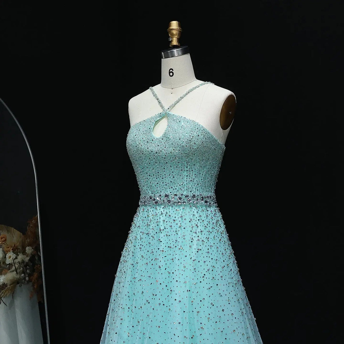 Luxury Dusty Pink Beaded Halter Neck A-Line Evening Dress SS580
