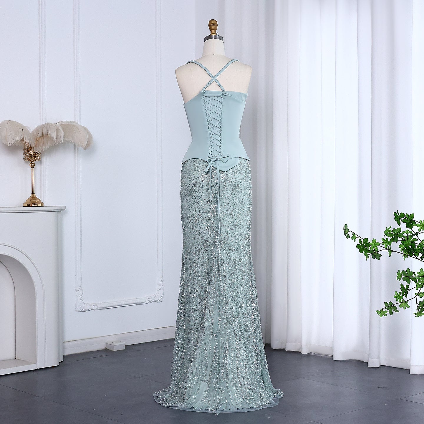 Luxury Sage Green Beaded 2 Pieces Evening Dress SS697