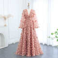 Elegant Peach-Pink V-Neck Evening Dress with 3D Flowers SS295