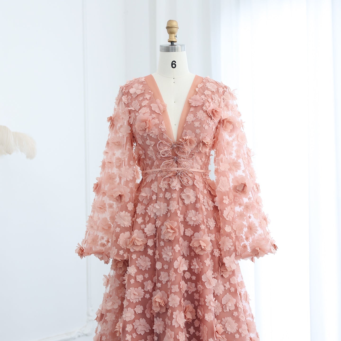 Elegant Peach-Pink V-Neck Evening Dress with 3D Flowers SS295
